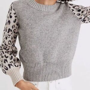 Madewell Gray Sweater with Leopard Print Sleeves